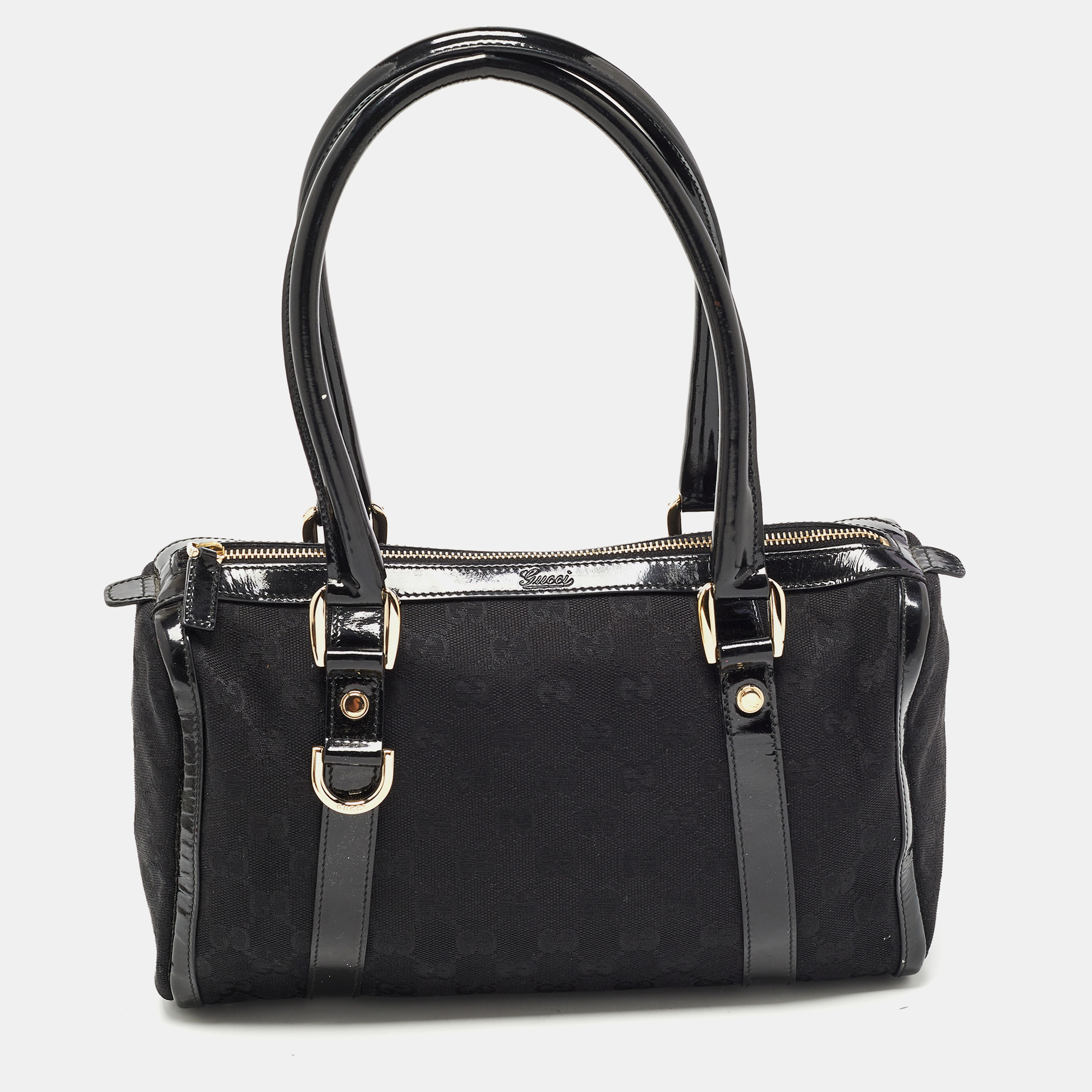 Gucci Black Gg Canvas And Patent Leather Small Abbey Boston Bag